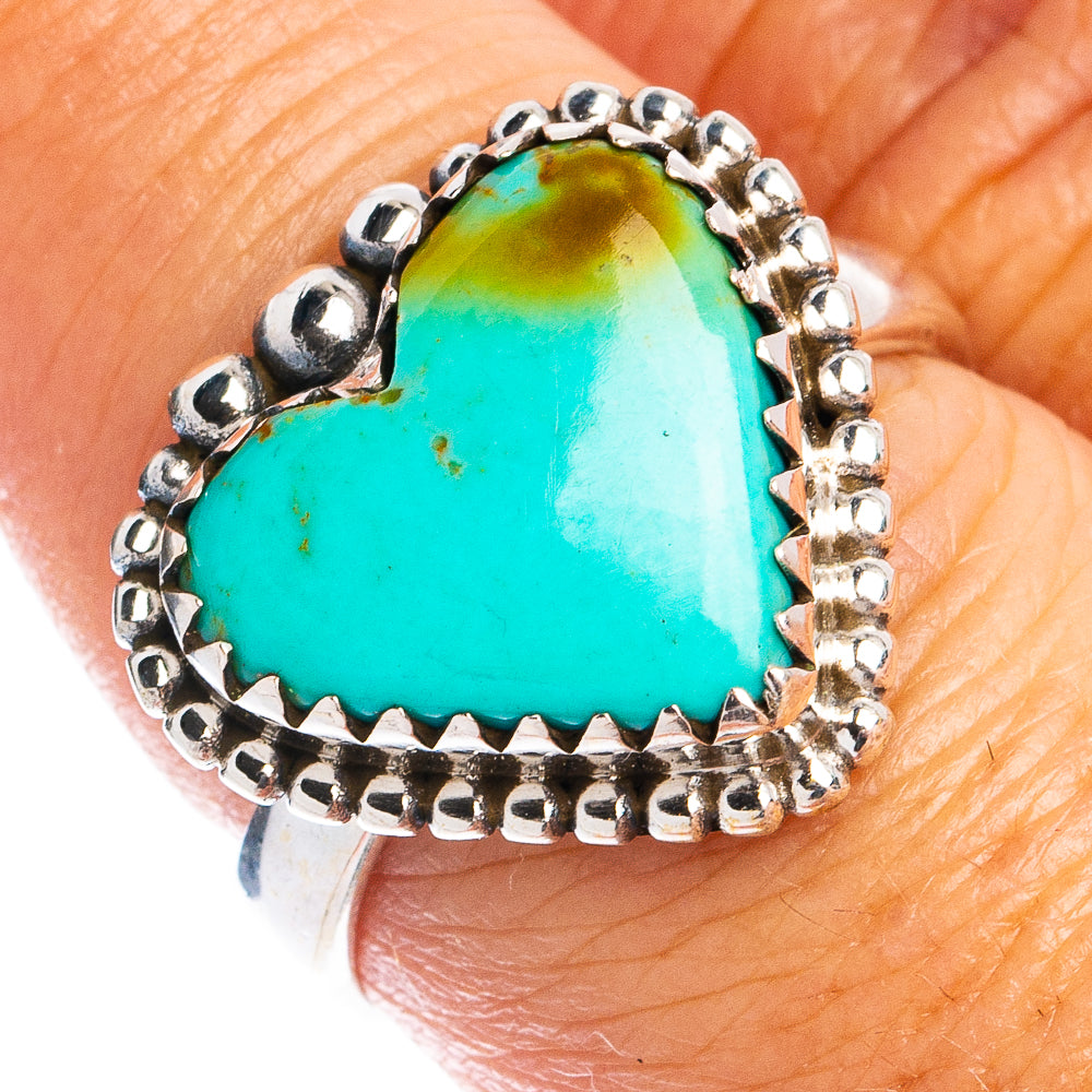 Heart-shaped turquoise gemstone ring, 925 sterling silver bezel with bead detail