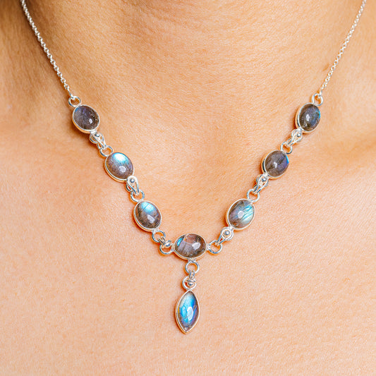 Labradorite pendant necklace with oval blue-gray gemstones on .925 sterling silver chain