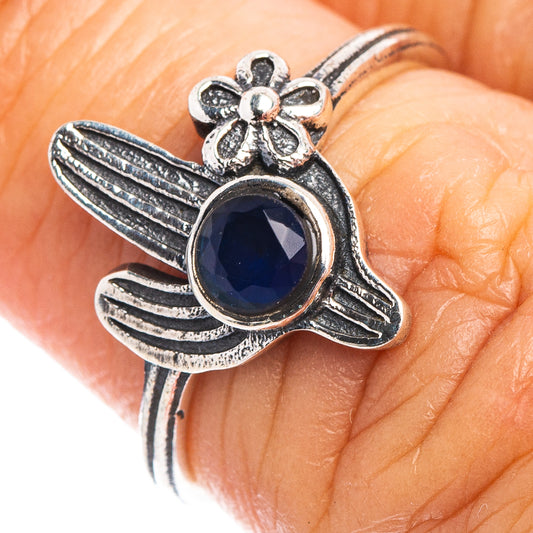 Sterling silver cactus ring, size 6, blue oval cabochon with flower detail