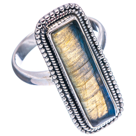 Sterling silver labradorite ring with rectangular stone, blue and gold flash, beaded bezel