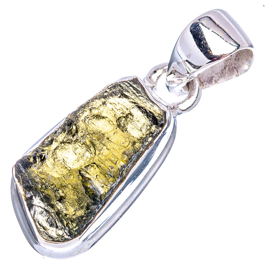 Rare Moldavite pendant in .925 sterling silver bezel, metallic gold-green rough stone detail