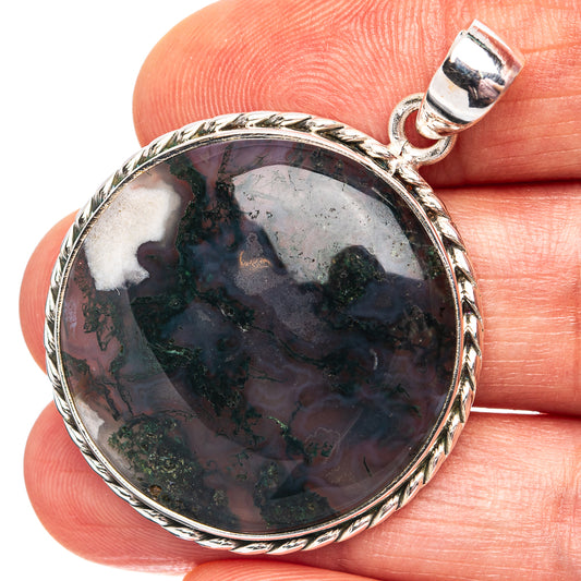 Moss agate pendant with oval dark green stone bezel in .925 sterling silver