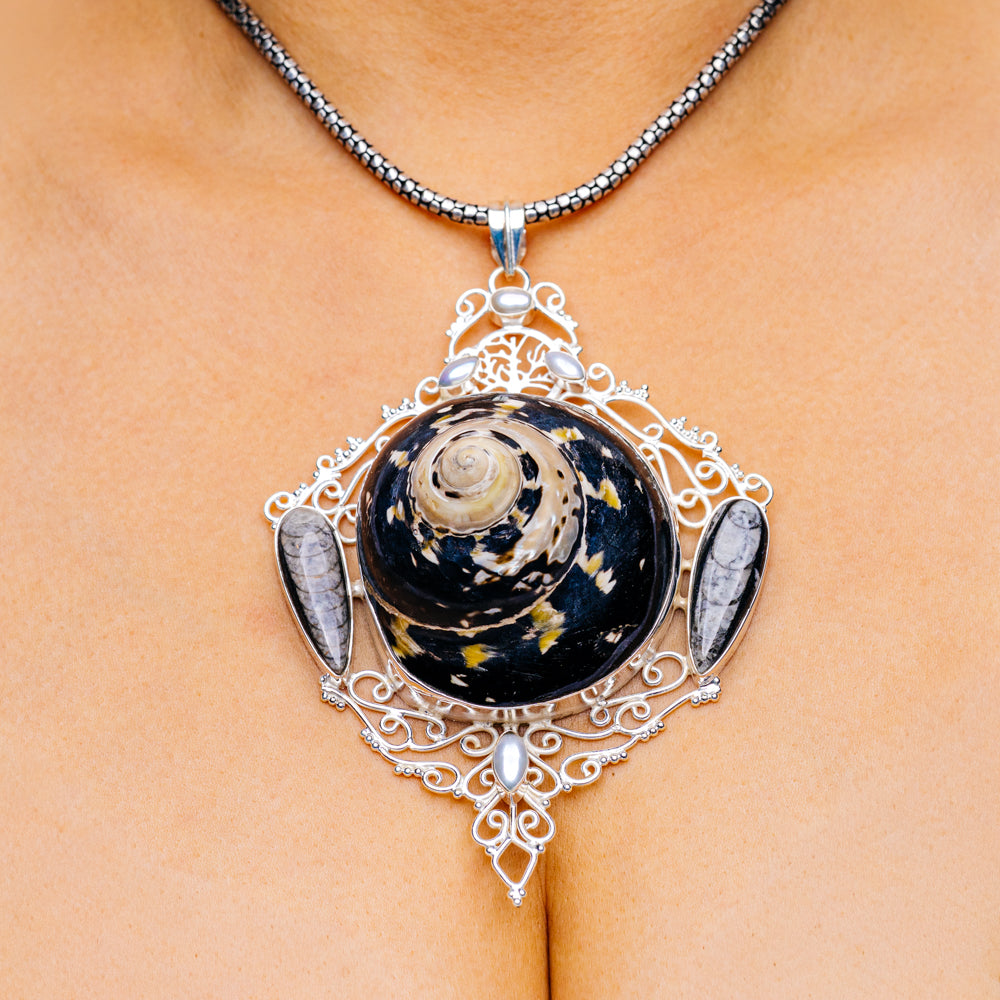 Gigantic Magpie Turbo Shell, Orthoceras Fossil, Cultured Pearl Pendant 4 7/8" (.925 Sterling Silver)