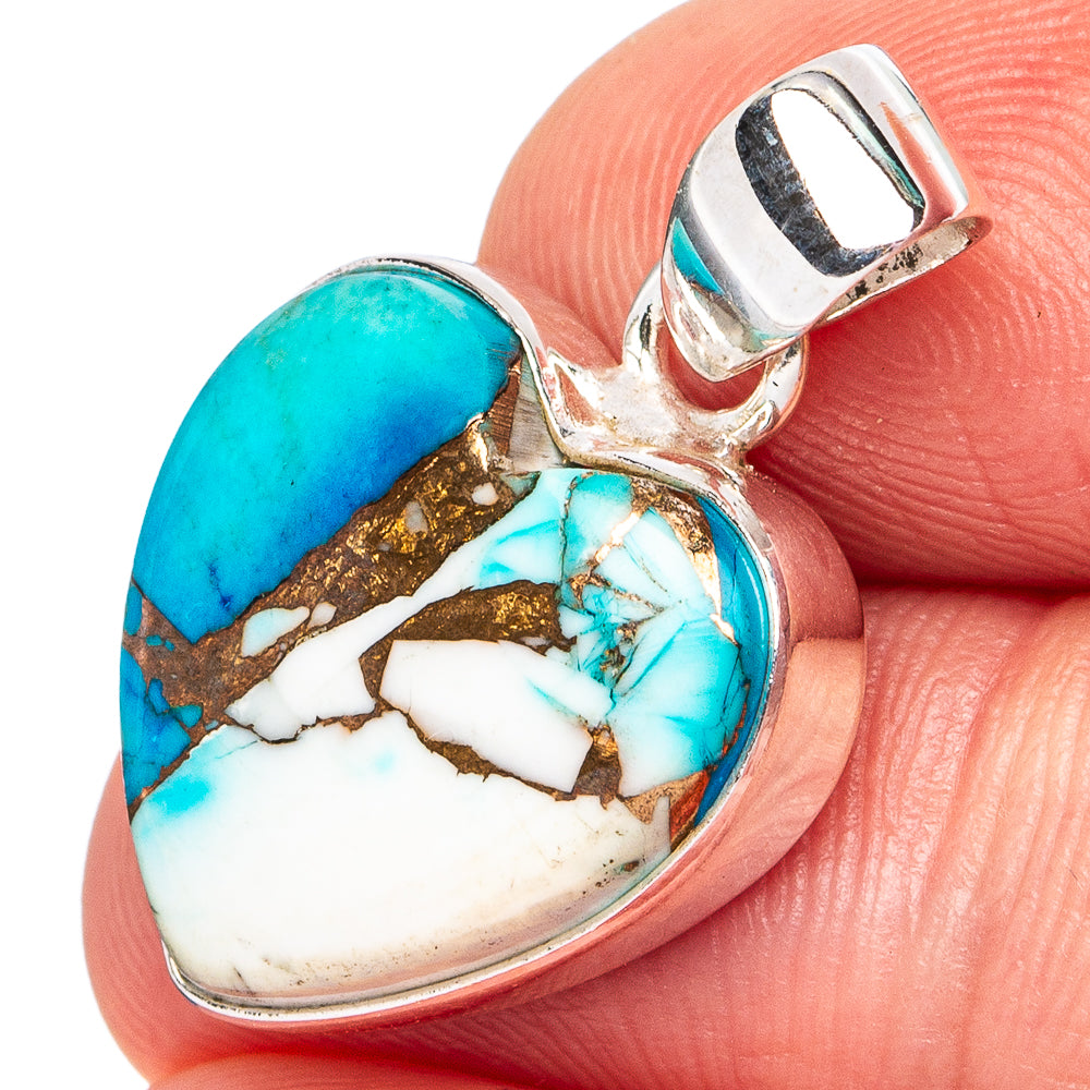 Turquoise heart pendant with white veined inlay, .925 sterling silver bezel