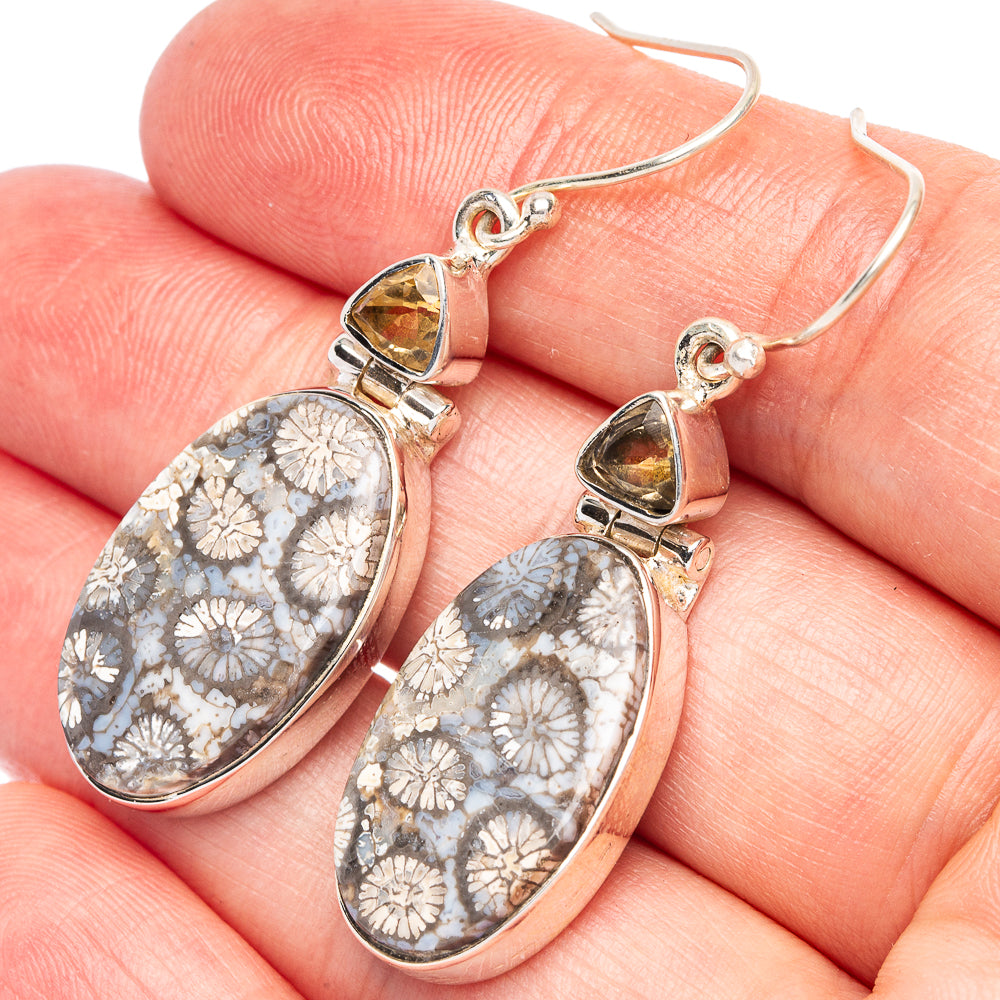 Fossil Coral, Smoky Quartz 925 Sterling Silver Earrings 1 7/8" (925 Sterling Silver) E2093