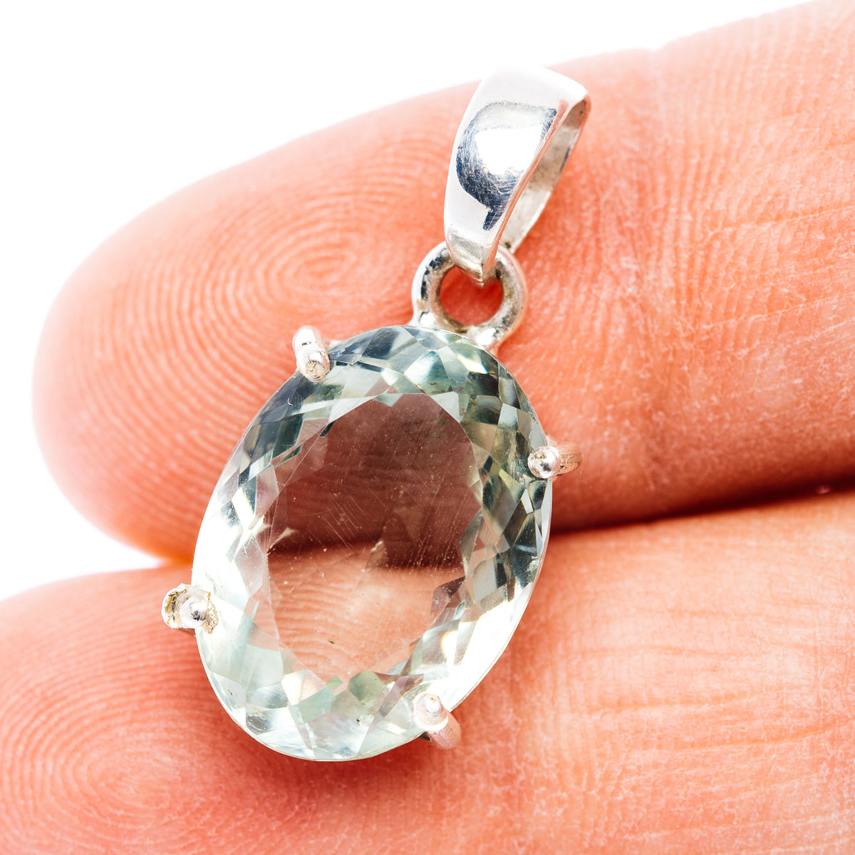 Faceted prasiolite pendant in .925 sterling silver, oval green gemstone with bail