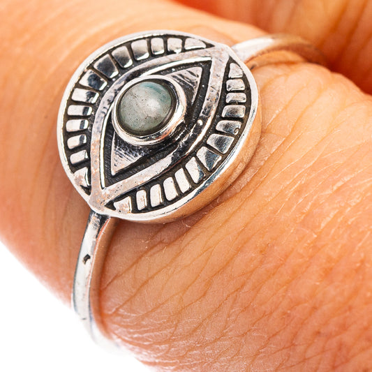 Sterling silver dainty ring with eye motif and round light-green amazonite stone