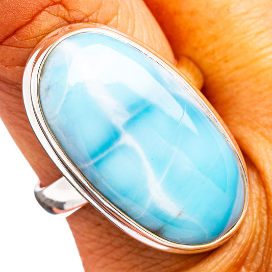 Oval blue larimar cabochon sterling silver ring, size 9