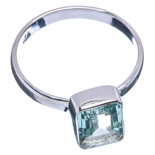 Aquamarine square gemstone sterling silver ring with open top, side view, size 8