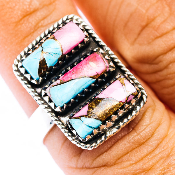 Southwestern inlay ring with turquoise and pink stones in black, .925 silver rope bezel