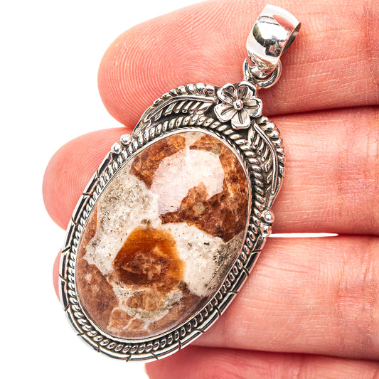 Premium Southwestern Style Garnet In Limestone Pendant 2 1/8" (.925 Sterling Silver)