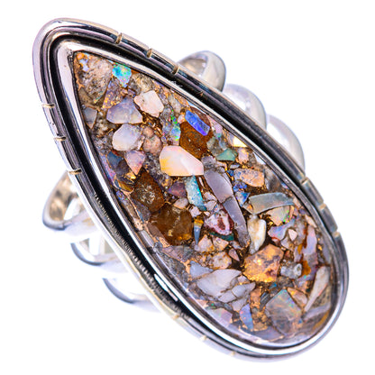 Sterling silver teardrop opal mosaic ring, side view of bezel and shank
