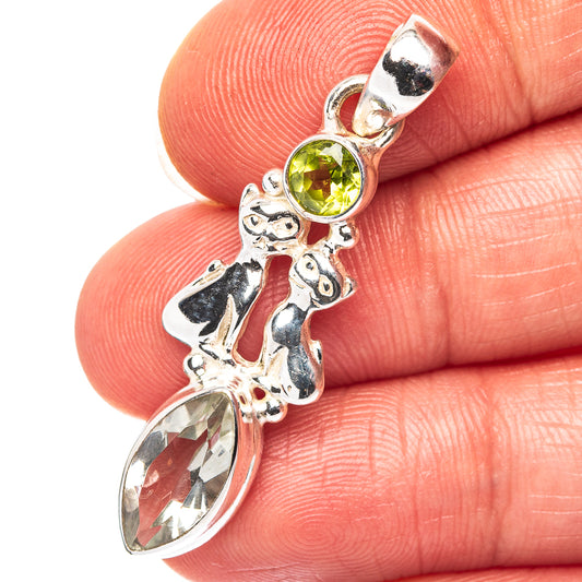 Green Amethyst Cats, Peridot Motif Pendant 1 5/8" (.925 Sterling Silver)