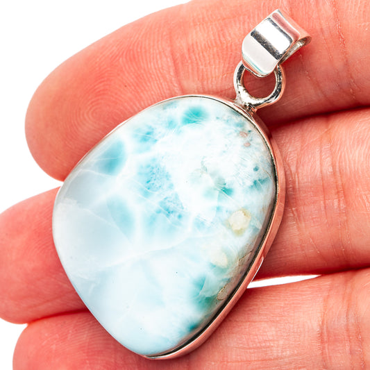Larimar pendant with oval teardrop stone, .925 sterling silver bezel and clasp bail