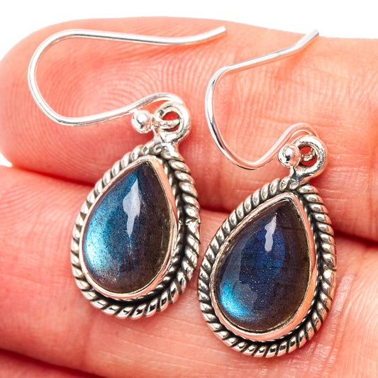 Teardrop labradorite earrings with .925 sterling silver hooks and rope borders