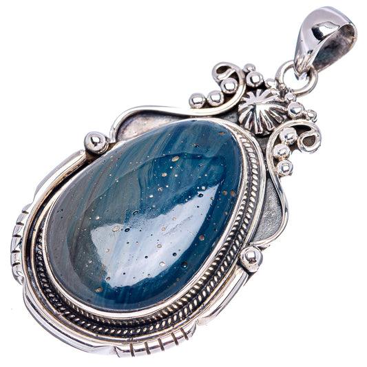 Oval blue slag pendant with .925 sterling silver frame and decorative side beads