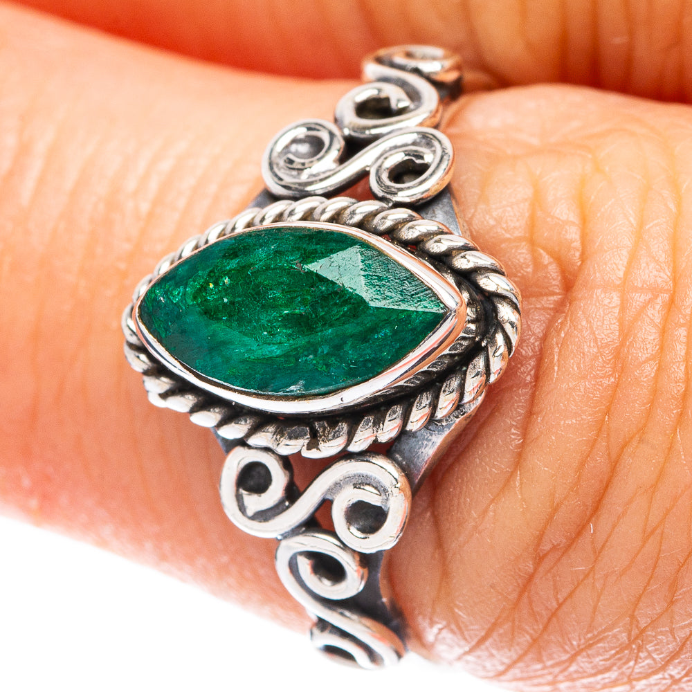 Sterling silver ring with green oval sillimanite gemstone in ornate setting