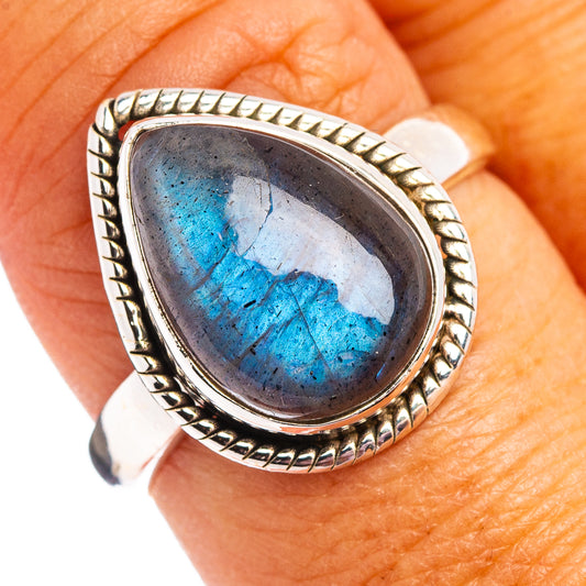 Sterling silver labradorite ring with large teardrop oval and blue gemstone flash