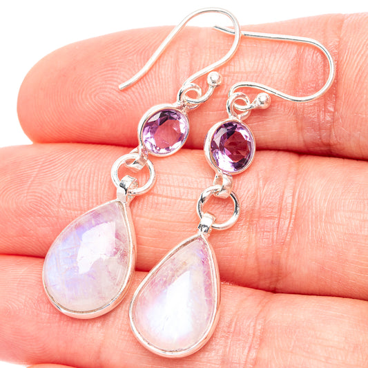 925 sterling silver amethyst and moonstone drop earrings with purple oval tops