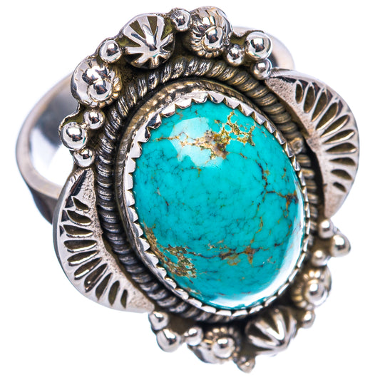 Turquoise oval cabochon on sterling silver adjustable ring with leaf and bead filigree