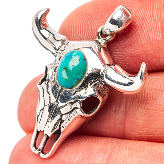 Turquoise cow skull pendant in .925 sterling silver, with bail and oval stone