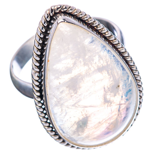 Teardrop moonstone ring in .925 sterling silver with rainbow shimmer, rope-edged bezel