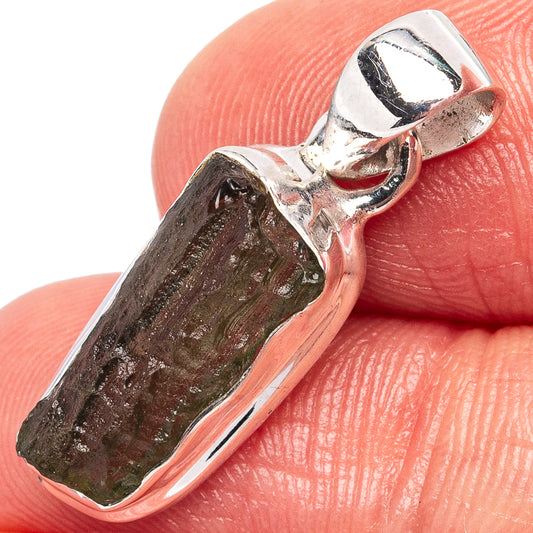 Moldavite pendant in 925 sterling silver with dark green-brown rough stone bezel