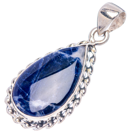 Sterling silver teardrop sodalite pendant with ornate bezel and hanging loop