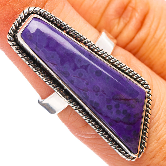 Sterling silver rectangular sugilite ring with purple gemstone and beaded bezel