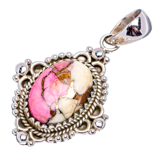 Oval pink and white stone pendant in ornate .925 sterling silver bezel with bail