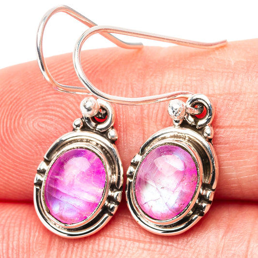 Pink moonstone earrings, oval pink cabochon bezel in .925 sterling silver, hook style