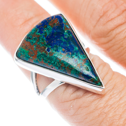 Sterling silver ring with oval teardrop azurite stone, wide silver bezel