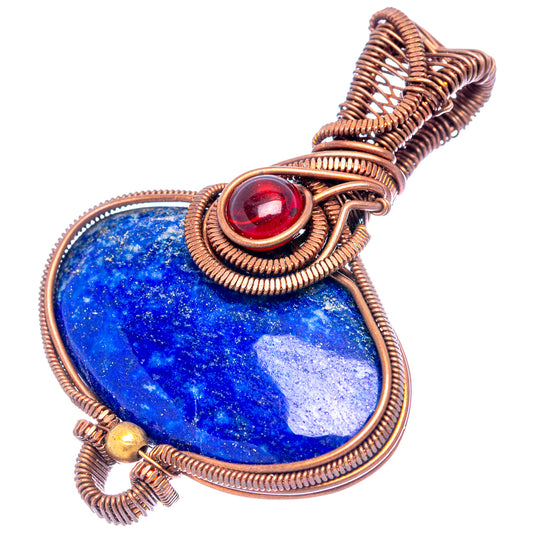 Oxidized copper wire-wrap pendant with blue lapis teardrop and red gemstone accent