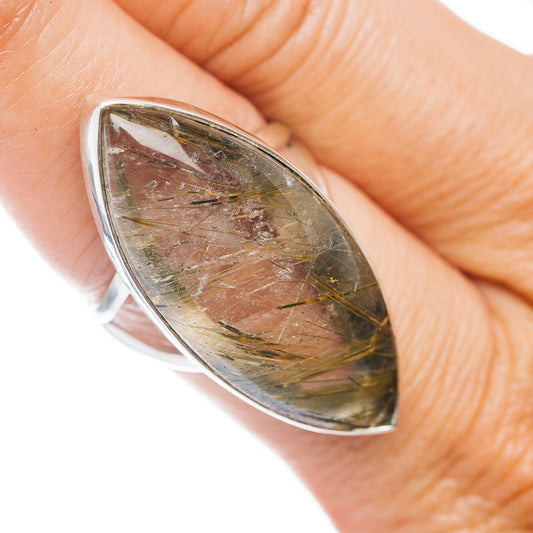 Sterling silver rutilated quartz ring, marquise stone with golden needle inclusions