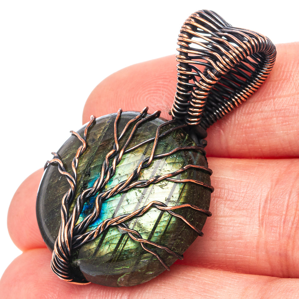 Tree of life labradorite pendant, teardrop stone with oxidized copper wire wrap