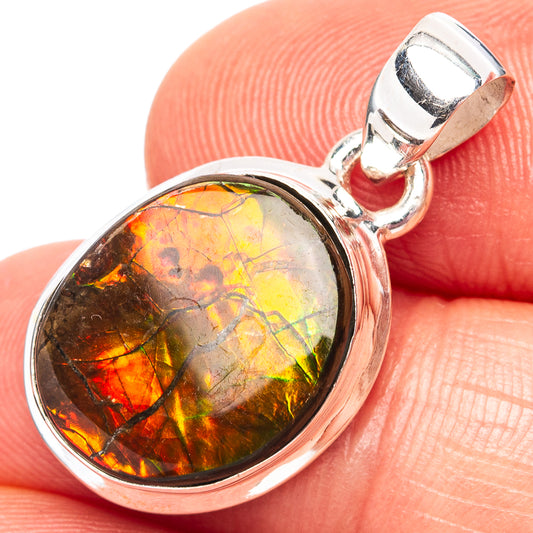 Sterling silver ammolite pendant with round iridescent multicolor stone bezel