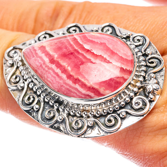 Sterling silver rhodochrosite ring size 7.75 on hand, teardrop pink stone bezel