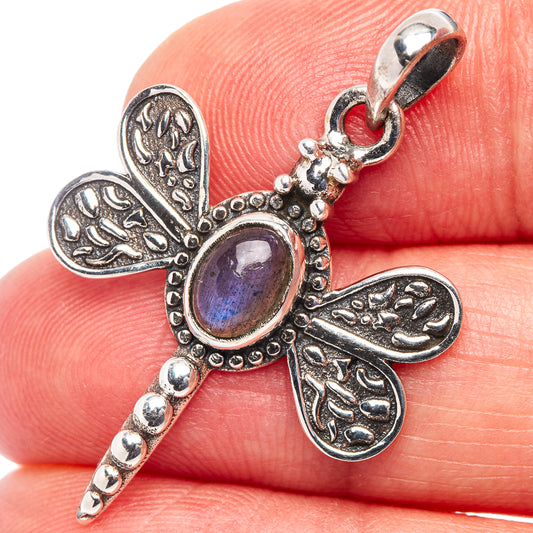 Sterling silver dragonfly pendant with purple-blue labradorite cabochon