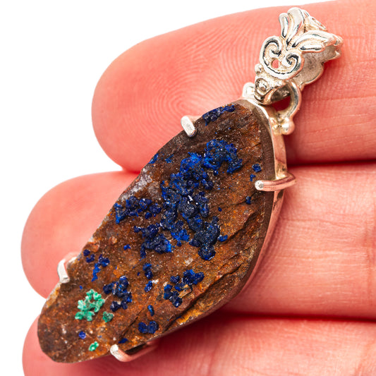 Azurite crystal pendant with .925 sterling silver setting, brown druzy with blue specks