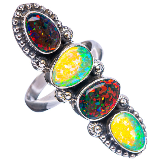 Sterling silver opal ring, size 8, three oval cabochons with yellow-green and red fire
