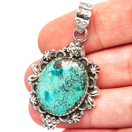 Exclusive Southwestern Style Hubei Turquoise Pendant 1 7/8" (.925 Sterling Silver)