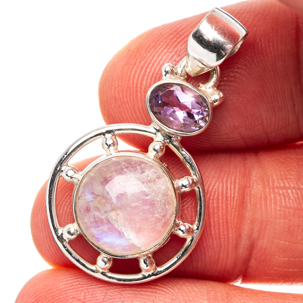 Rainbow Moonstone, Amethyst Pendant 1 3/8" (.925 Sterling Silver)