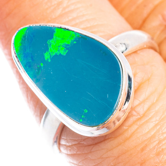 Sterling silver doublet opal ring with oval blue-green stone, size 7.5