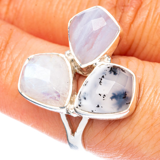 Premium Moonstone, Dendritic Opal 925 Sterling Silver Ring Size 6.75 R3650