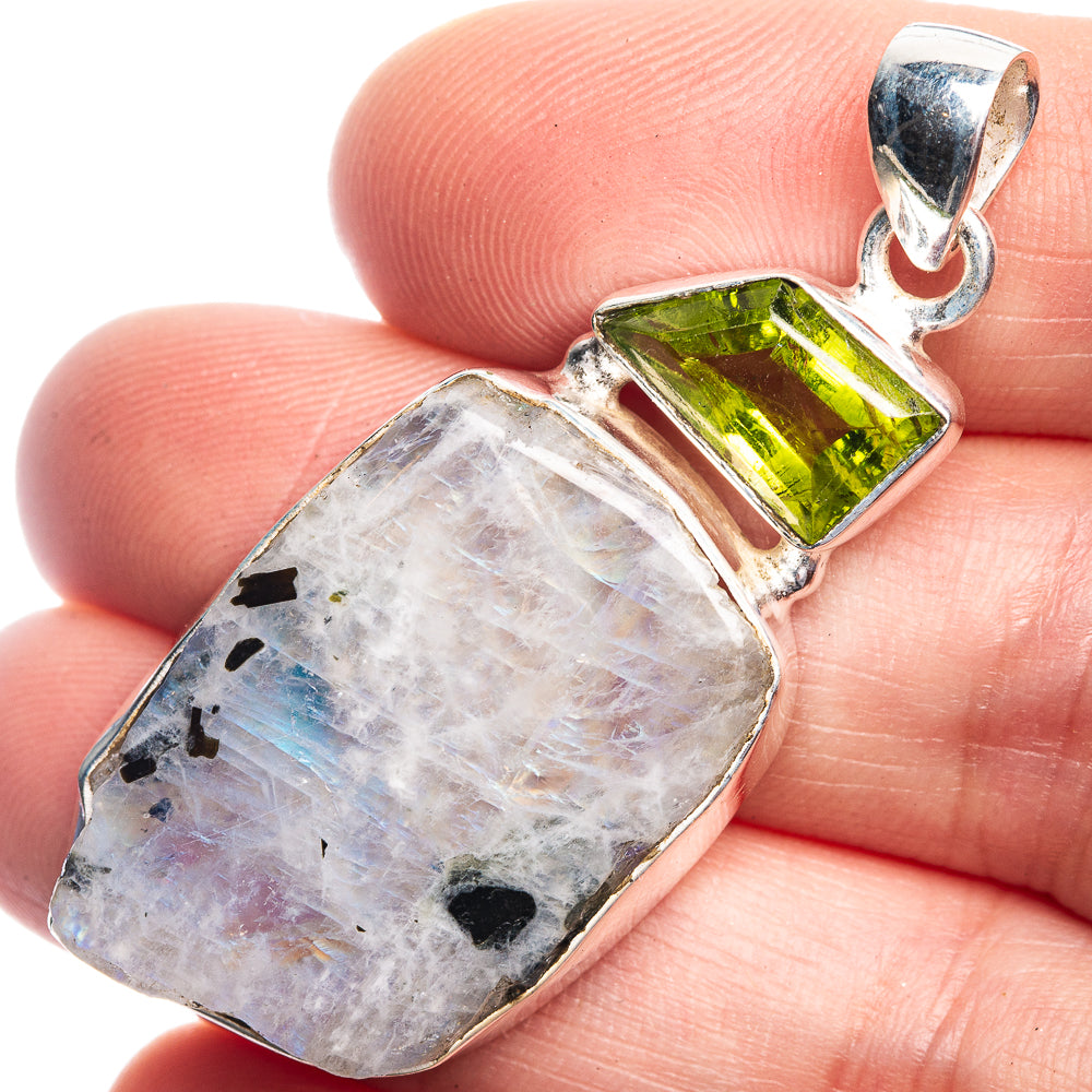 Raw Rainbow Moonstone, Peridot Pendant 2" (925 Sterling Silver) P39172