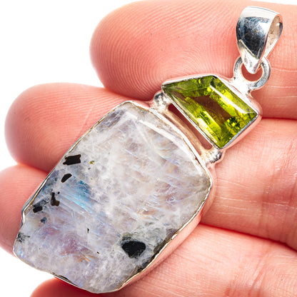 Raw Rainbow Moonstone, Peridot Pendant 2" (925 Sterling Silver) P39172