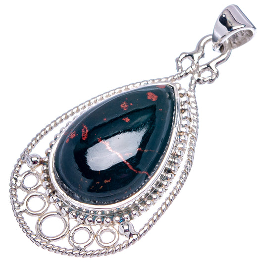 Sterling silver bloodstone pendant with dark green teardrop stone and chain