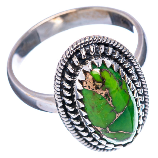 Sterling silver oval ring, size 8.5, green turquoise stone with braided bezel detail.