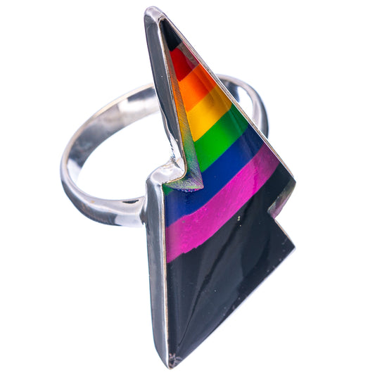 Sterling silver rainbow bolt ring, black enamel triangular top with side view; size 9.75