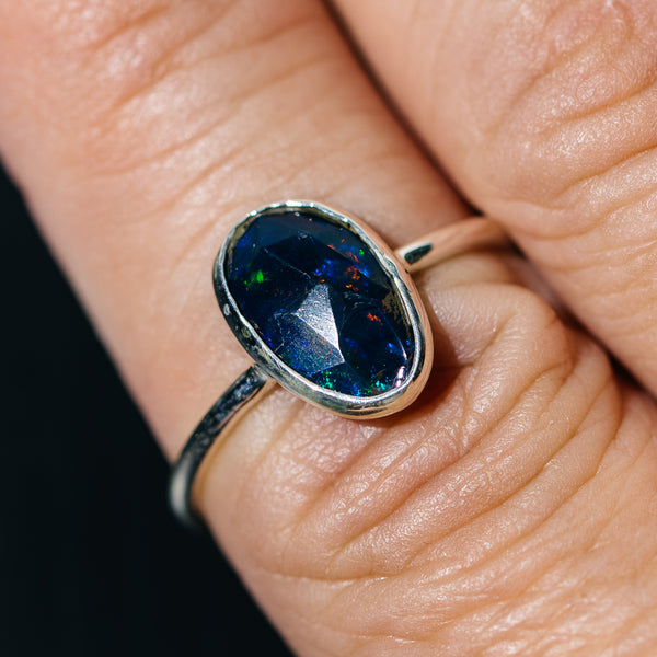 Black Ethiopian Opal Dainty Ring Size 8 (.925 Sterling Silver)